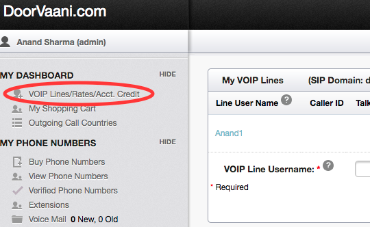 VOIP Lines / Rates / Acct. Credit menu