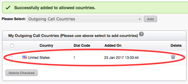 Outgoing Call Countries added