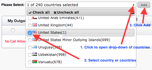 Select Outgoing Call Countries