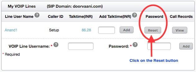 VOIP Line password Reset button