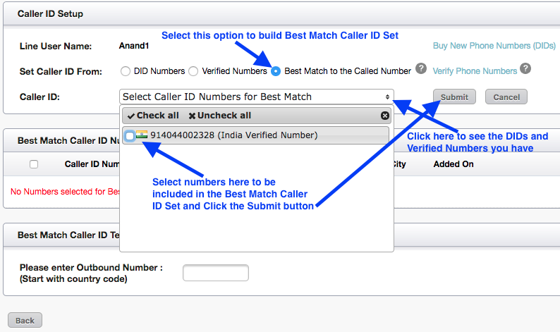 Caller ID Set Up Page with Best Match Caller ID Option