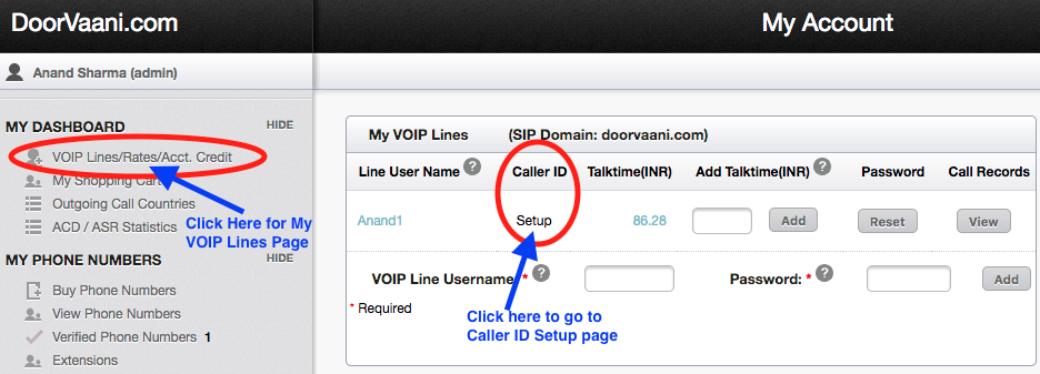 My VOIP Lines Page Caller ID Setup Link