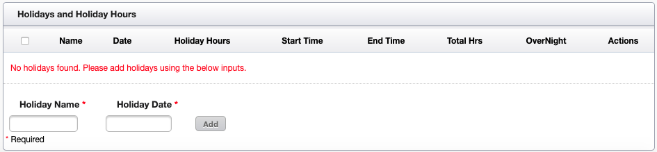 Holidays Add - Enter holiday name and date