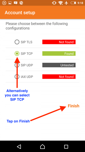 Configuration SIP TCP Selected