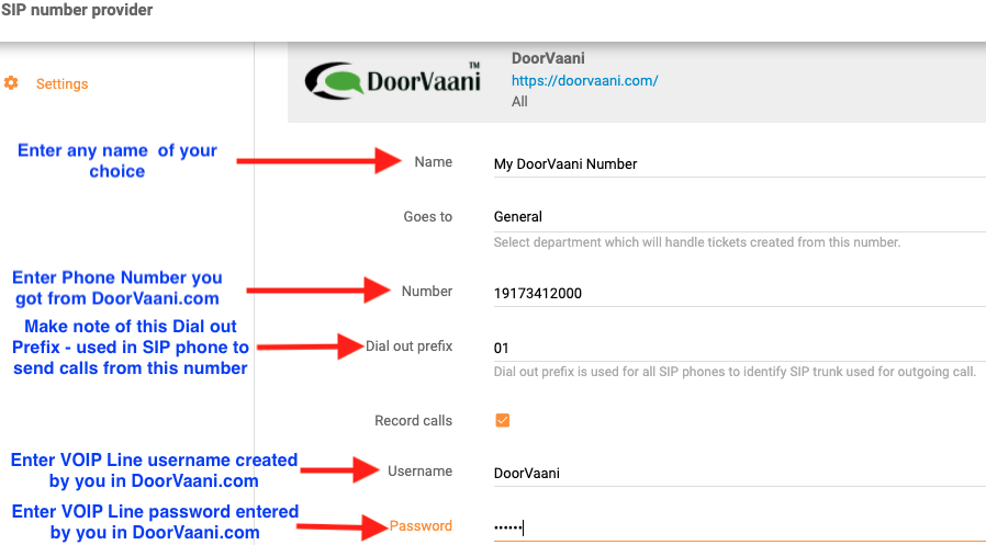 DoorVaani Number and VOIP Line credentials
