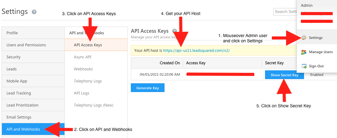 LeadSquared API Keys Menu