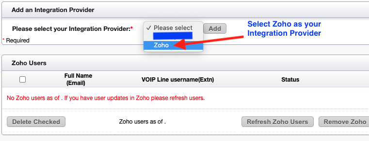 Select Zoho for Integration